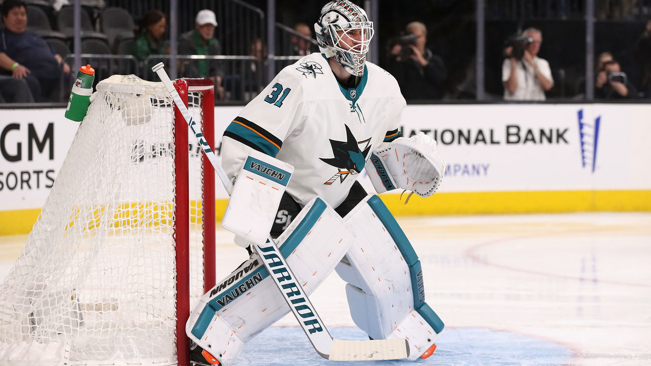LAS VEGAS, NV - APRIL 26: Goaltender Martin Jones #31 of the San Jose Sharks in action in Game One of the Western Conference Second Round against the Vegas Golden Knights during the 2018 NHL Stanley Cup Playoffs at T-Mobile Arena on April 26, 2018 in Las Vegas, Nevada. The Golden Knights defeated the Sharks 7-0.
