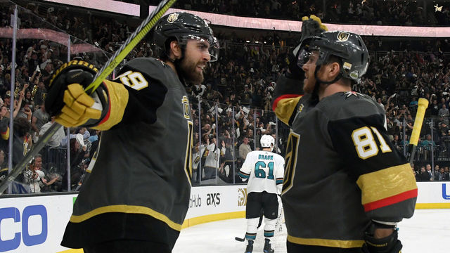 LAS VEGAS, NV - MAY 04: Alex Tuch #89 and Jonathan Marchessault #81 of the Vegas Golden Knights celebrate after Marchessault assisted Tuch on a power-play goal against the San Jose Sharks in the second period of Game Five of the Western Conference Second Round during the 2018 NHL Stanley Cup Playoffs at T-Mobile Arena on May 4, 2018 in Las Vegas, Nevada.
