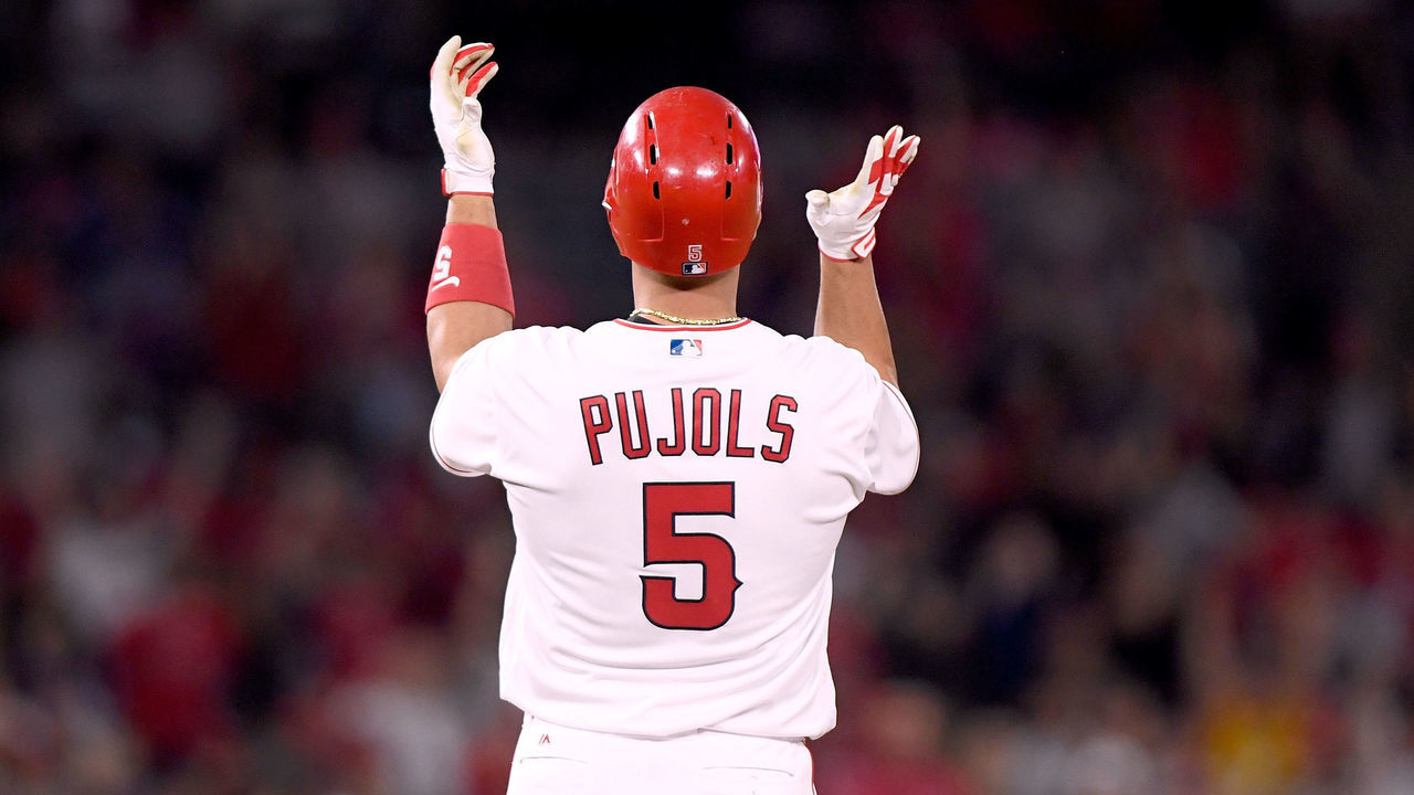 ANAHEIM, CA - MAY 03: Albert Pujols #5 of the Los Angeles Angels celebrates a double for his 2999th career hit during the second inning against the Baltimore Orioles at Angel Stadium on May 3, 2018 in Anaheim, California.