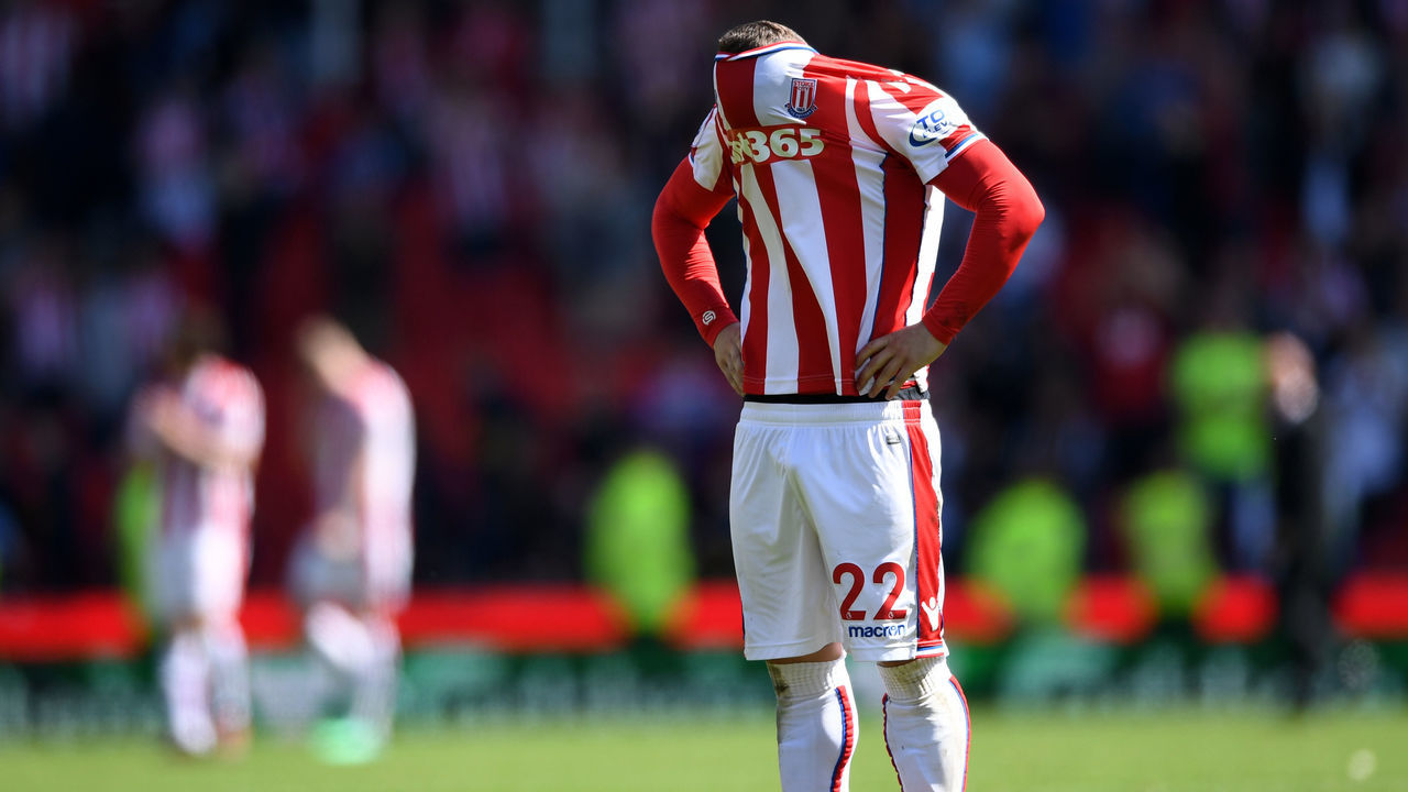 STOKE ON TRENT, ENGLAND - MAY 05: Xherdan Shaqiri of Stoke City reacts at the full time whistle after the Premier League match between Stoke City and Crystal Palace at Bet365 Stadium on May 5, 2018 in Stoke on Trent, England.