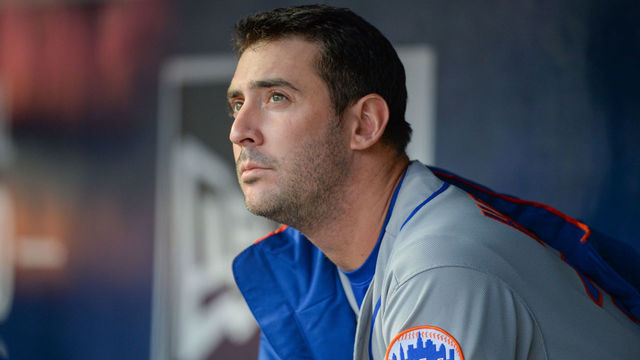 ATLANTA, GA April 19: New York starting pitcher Matt Harvey (33) looks on from the dugout during a game between Atlanta and New York on April 19, 2018 at SunTrust Park in Atlanta, GA.
