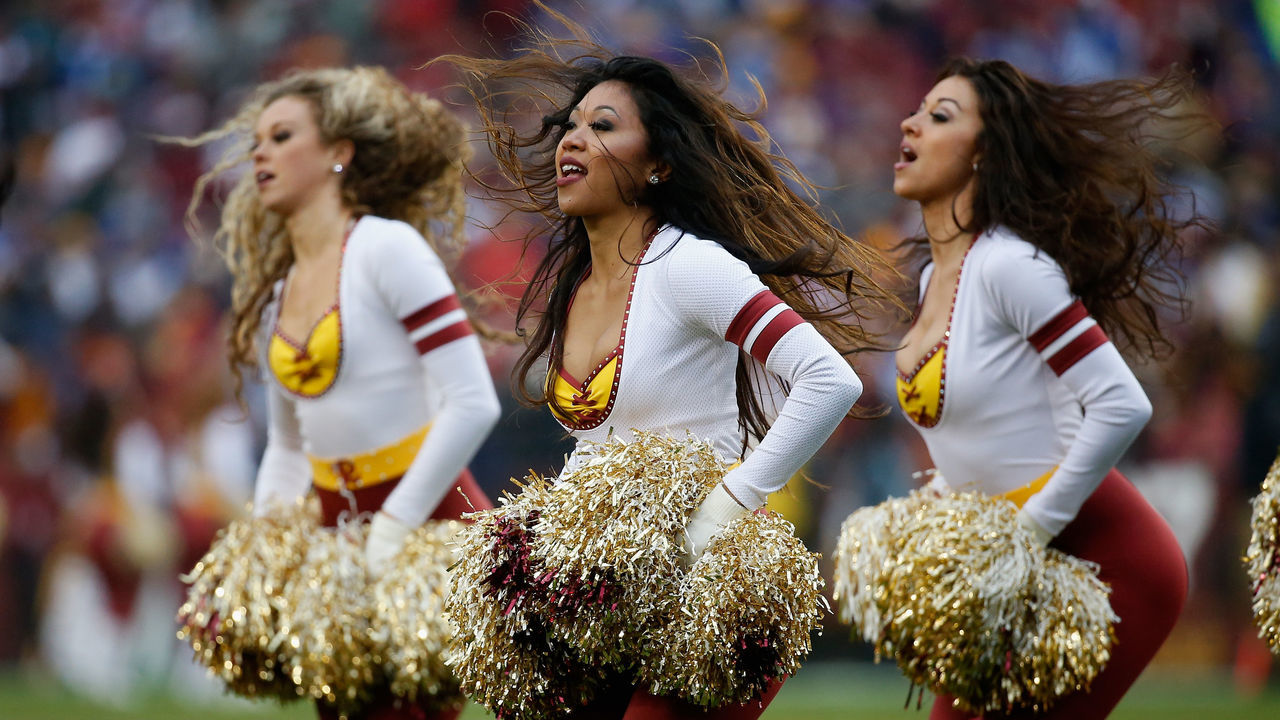 LANDOVER, MD - NOVEMBER 29: Members of the Washington Redskins cheerleaders perform during the Washington Redskins and New York Giants game at FedExField Stadium on November 29, 2015 in Landover, Maryland.