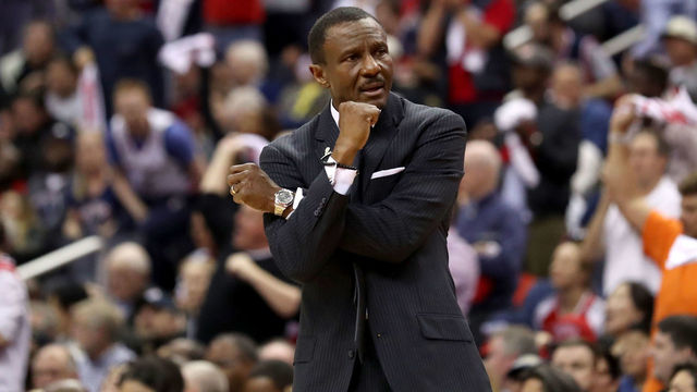 WASHINGTON, DC - APRIL 22: Head coach Dwane Casey of the Toronto Raptors motions from the bench in the second half against the Washington Wizards during Game Four of Round One of the 2018 NBA Playoffs at Capital One Arena on April 22, 2018 in Washington, DC.