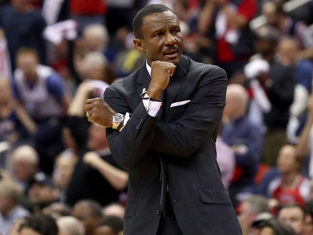 WASHINGTON, DC - APRIL 22: Head coach Dwane Casey of the Toronto Raptors motions from the bench in the second half against the Washington Wizards during Game Four of Round One of the 2018 NBA Playoffs at Capital One Arena on April 22, 2018 in Washington, DC.