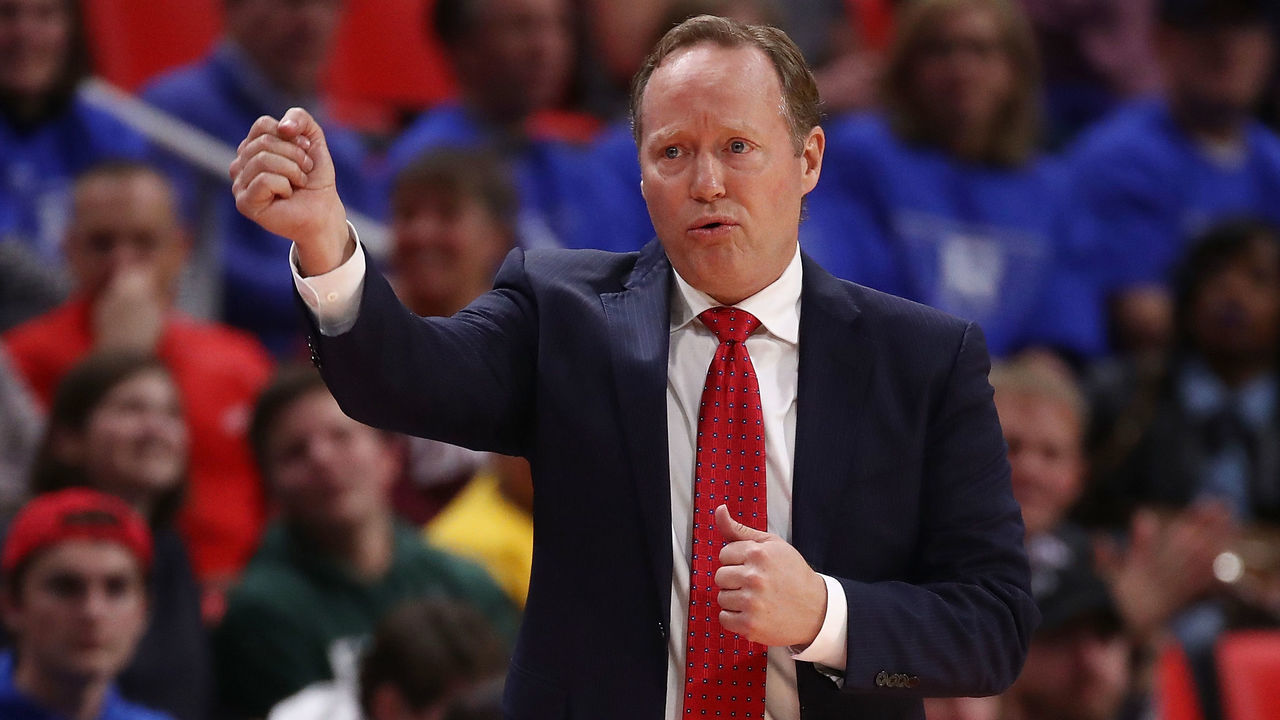 DETROIT, MI - NOVEMBER 10: Head coach Mike Budenholzer of the Atlanta Hawks looks on from the bench while playing the Detroit Pistons at Little Caesars Arena on November 10, 2017 in Detroit, Michigan. Detroit won the game 111-104.