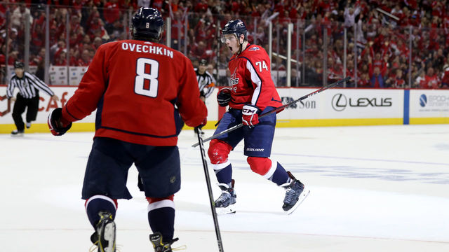 WASHINGTON, DC - APRIL 21: John Carlson #74 of the Washington Capitals celebrates an assist in the second period against the Columbus Blue Jackets during Game Five of the Eastern Conference First Round during the 2018 NHL Stanley Cup Playoffs at Capital One Arena on April 21, 2018 in Washington, DC.