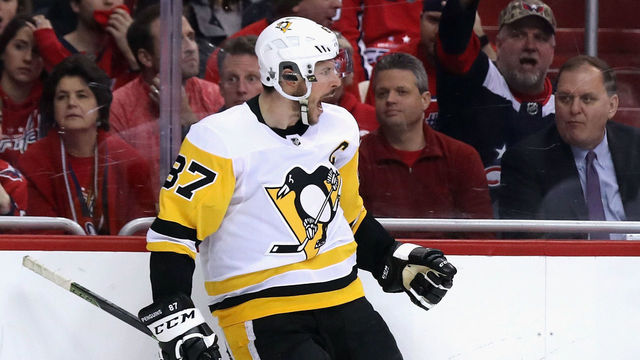 WASHINGTON, DC - APRIL 26: Sidney Crosby #87 of the Pittsburgh Penguins celebrates his goal at 5:20 of the third period against the Washington Capitals in Game One of the Eastern Conference Second Round during the 2018 NHL Stanley Cup Playoffs at the Capital One Arena on April 26, 2018 in Washington, DC. The Penguins defeated the Capitals 3-2.