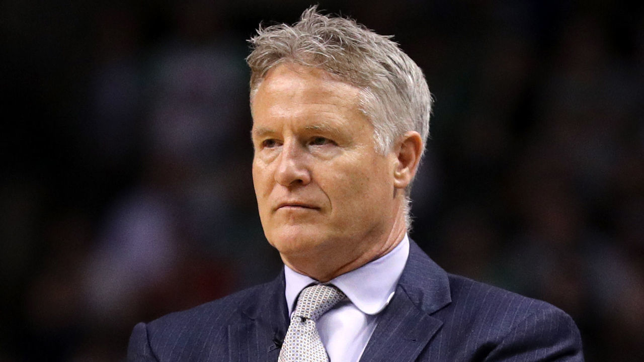 BOSTON, MA - MAY 3: Brett Brown of the Philadelphia 76ers looks on during Game Two of the Eastern Conference Second Round of the 2018 NBA Playoffs at TD Garden on May 3, 2018 in Boston, Massachusetts. The Celtics defeat the 76ers 108-103.