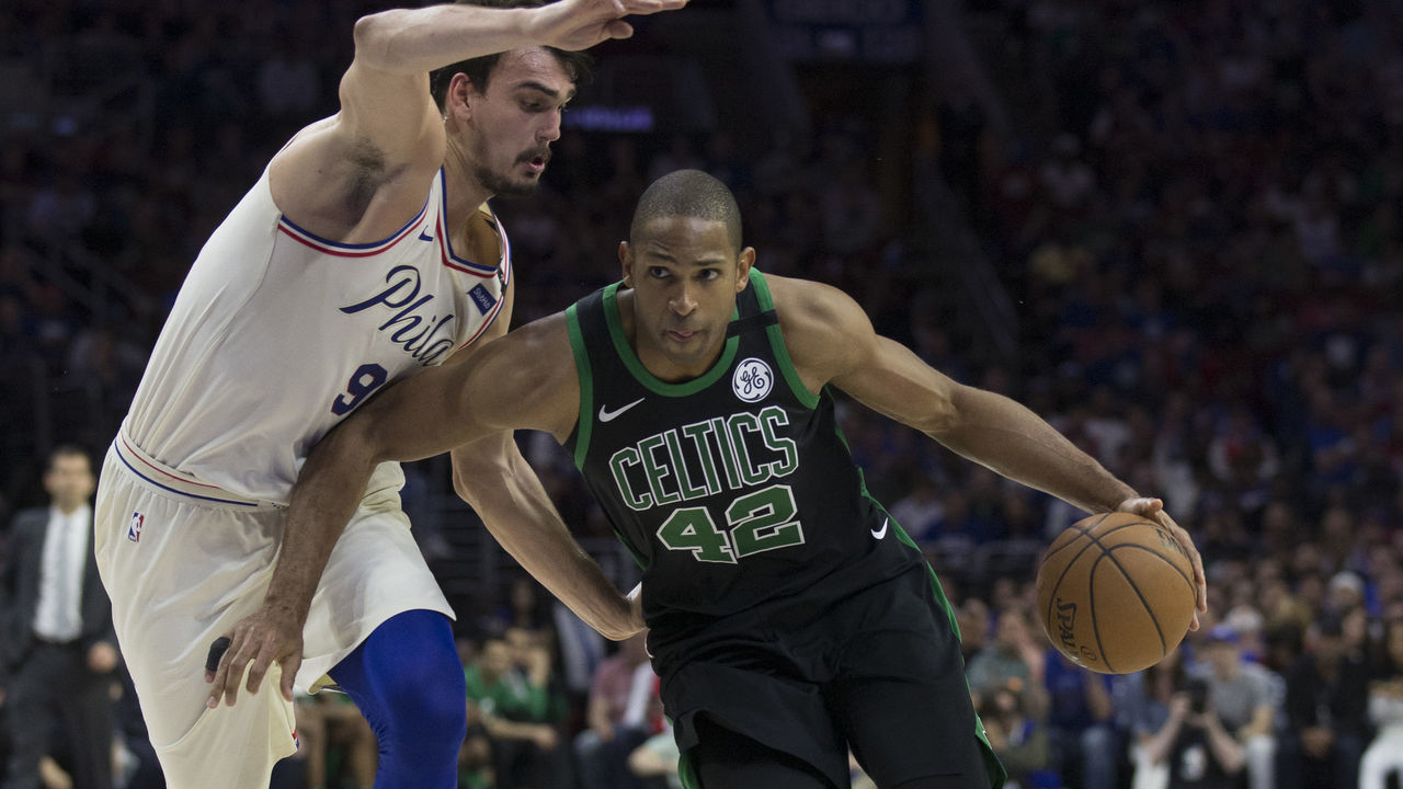 PHILADELPHIA, PA - MAY 5: Al Horford #42 of the Boston Celtics drives to the basket against Dario Saric #9 of the Philadelphia 76ers in the second quarter during Game Three of the Eastern Conference Second Round of the 2018 NBA Playoff at Wells Fargo Center on May 5, 2018 in Philadelphia, Pennsylvania. The Celtics defeated the 76ers 101-98.