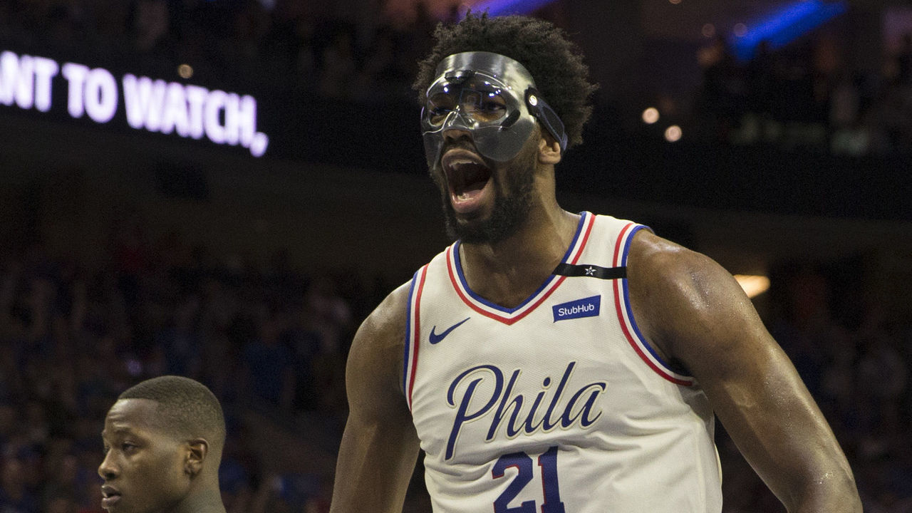 PHILADELPHIA, PA - MAY 5: Joel Embiid #21 of the Philadelphia 76ers reacts in front of Terry Rozier #12 of the Boston Celtics after making a basket in the fourth quarter during Game Three of the Eastern Conference Second Round of the 2018 NBA Playoff at Wells Fargo Center on May 5, 2018 in Philadelphia, Pennsylvania. The Celtics defeated the 76ers 101-98.