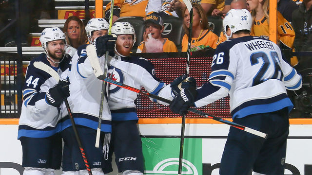 NASHVILLE, TN - MAY 05: Josh Morrissey #44, Mark Scheifele #55,Kyle Connor #81, and Blake Wheeler #26 of the Winnipeg Jets celebrate a goal against the Nashville Predators during the second period of Game Five of the Western Conference Second Round during the 2018 NHL Stanley Cup Playoffs at Bridgestone Arena on May 5, 2018 in Nashville, Tennessee.