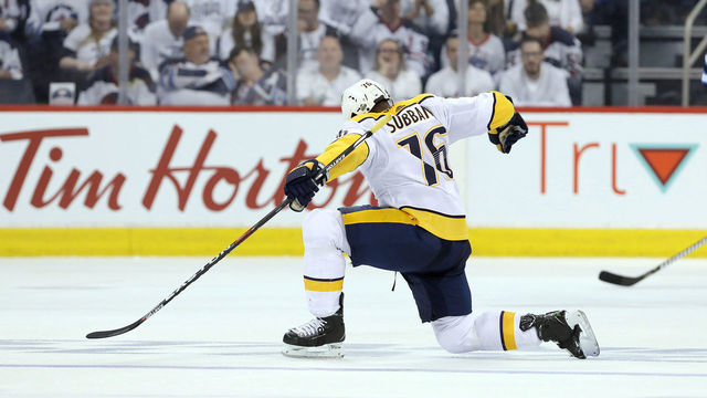 WINNIPEG, MANITOBA - MAY 3: P.K. Subban #76 of the Nashville Predators celebrates his goal against the Winnipeg Jets in Game Four of the Western Conference Second Round during the 2018 NHL Stanley Cup Playoffs on May 3, 2018 at Bell MTS Place in Winnipeg, Manitoba, Canada. *** Local Caption *** P.K. Subban