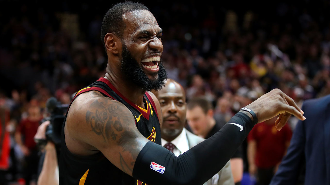 CLEVELAND, OH - MAY 05: LeBron James #23 of the Cleveland Cavaliers celebrates after hitting the game winning shot to beat the Toronto Raptors 105-103 in Game Three of the Eastern Conference Semifinals during the 2018 NBA Playoffs at Quicken Loans Arena on May 5, 2018 in Cleveland, Ohio.