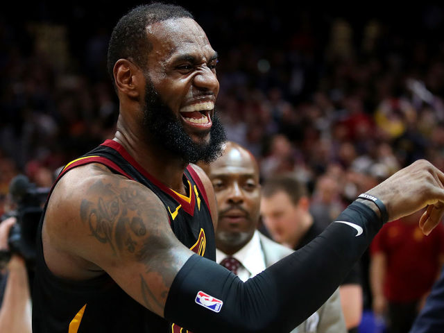 CLEVELAND, OH - MAY 05: LeBron James #23 of the Cleveland Cavaliers celebrates after hitting the game winning shot to beat the Toronto Raptors 105-103 in Game Three of the Eastern Conference Semifinals during the 2018 NBA Playoffs at Quicken Loans Arena on May 5, 2018 in Cleveland, Ohio.