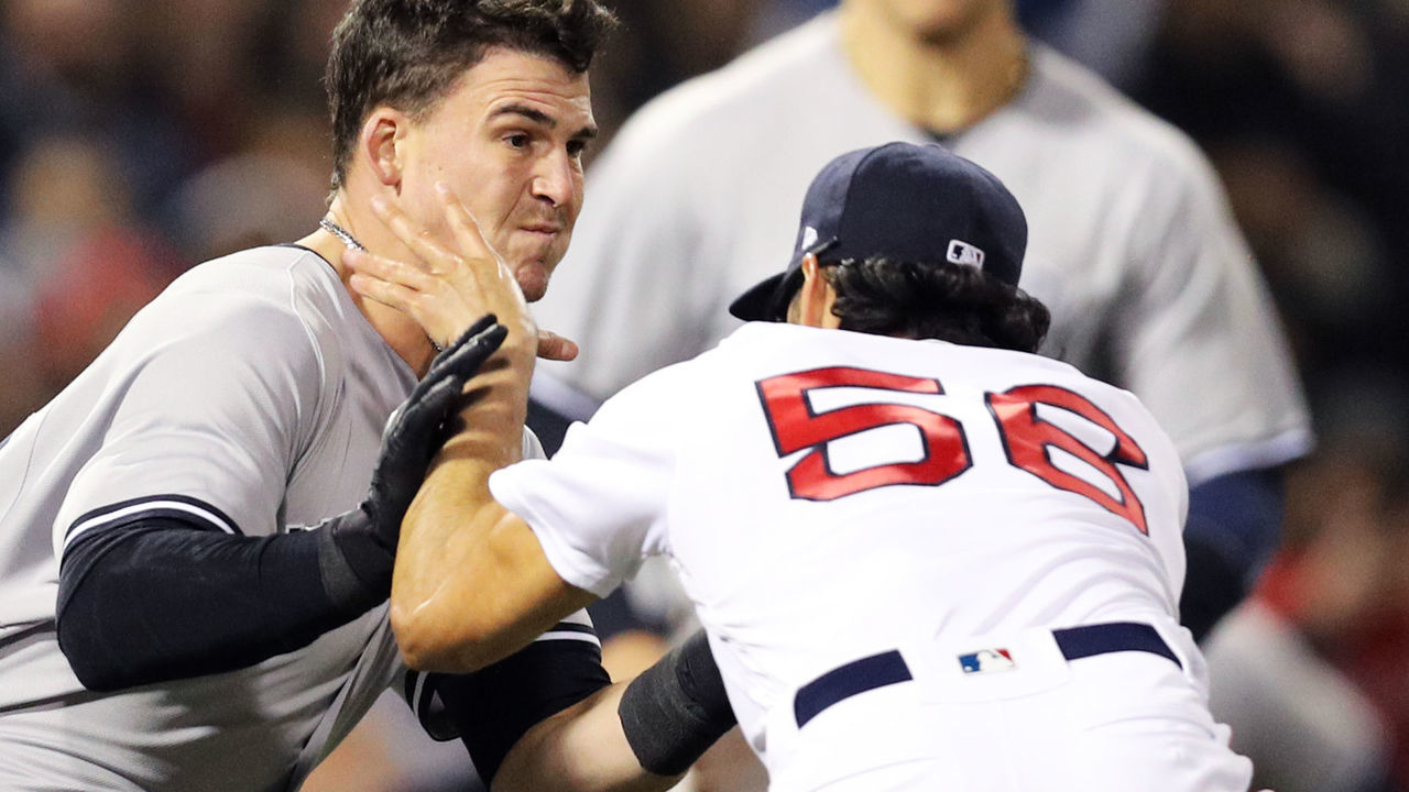 BOSTON, MA - APRIL 11: Tyler Austin #26 of the New York Yankees fights Joe Kelly #56 of the Boston Red Sox during the seventh inning at Fenway Park on April 11, 2018 in Boston, Massachusetts.