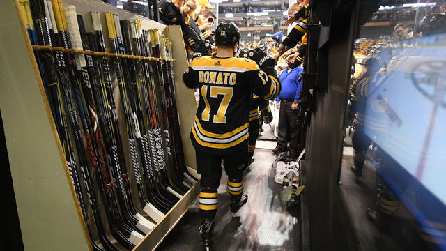 BOSTON, MA - MAY 4: Ryan Donato #17 of the Boston Bruins walks to the ice before Game Four of the Eastern Conference Second Round during the 2018 NHL Stanley Cup Playoffs at the TD Garden on May 4, 2018 in Boston, Massachusetts. *** Local Caption *** Ryan Donato