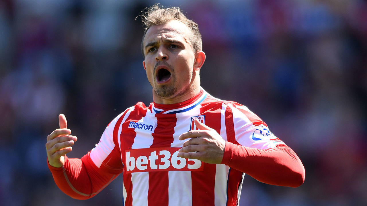 STOKE ON TRENT, ENGLAND - MAY 05: Xherdan Shaqiri of Stoke City celebrates after scoring his sides first goal during the Premier League match between Stoke City and Crystal Palace at Bet365 Stadium on May 5, 2018 in Stoke on Trent, England.