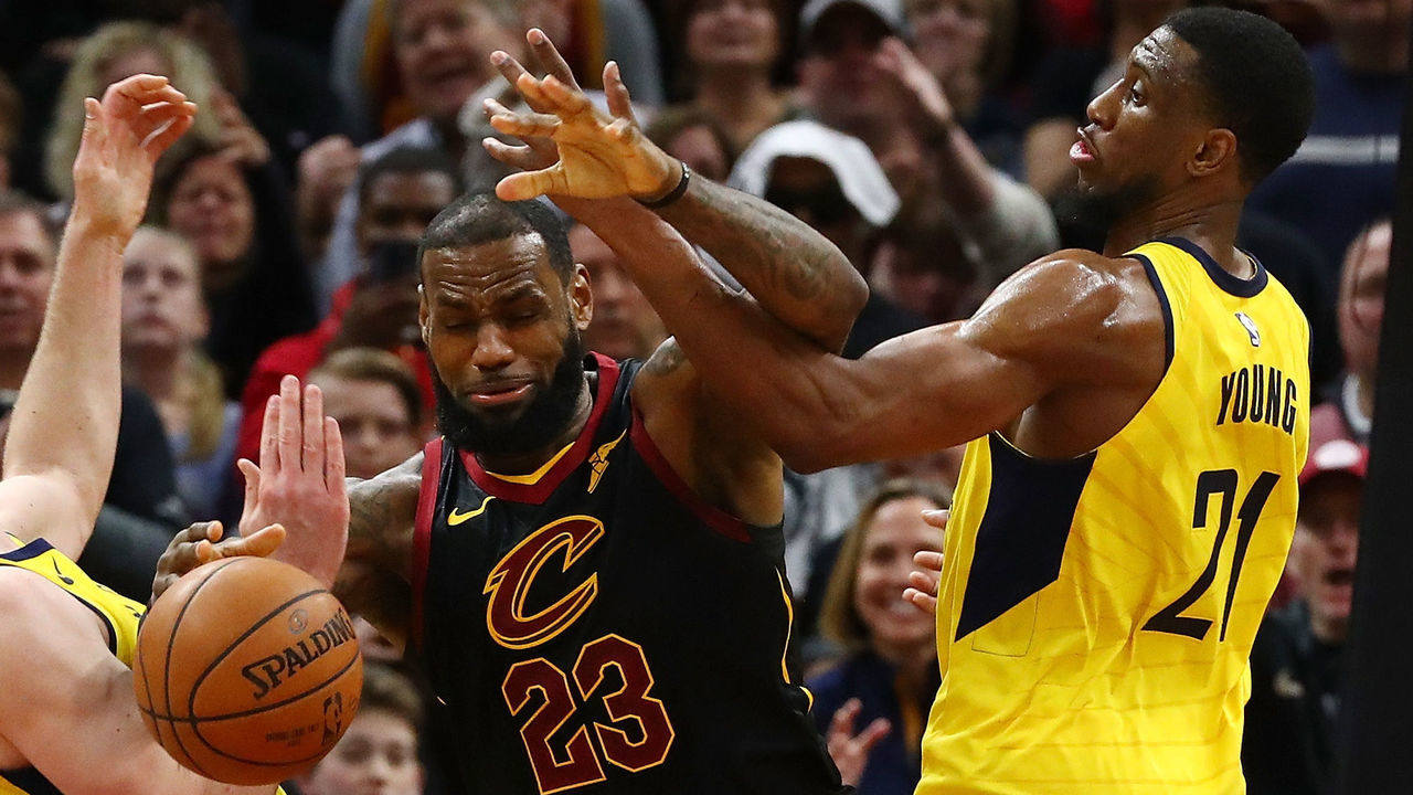 CLEVELAND, OH - APRIL 29: LeBron James #23 of the Cleveland Cavaliers battles for the ball with Thaddeus Young #21 and Domantas Sabonis #11 of the Indiana Pacers during the second half of Game Seven of the Eastern Conference Quarterfinals during the 2018 NBA Playoffs at Quicken Loans Arena on April 29, 2018 in Cleveland, Ohio.