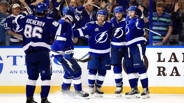 TAMPA, FL - MAY 06: J.T. Miller #10 of the Tampa Bay Lightning celebrates a goal during Game Five of the Eastern Conference Second Round against the Boston Bruins during the 2018 NHL Stanley Cup Playoffs at Amalie Arena on May 6, 2018 in Tampa, Florida.