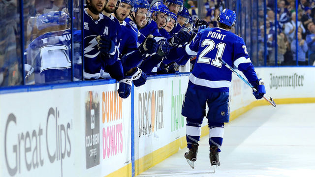 TAMPA, FL - MAY 06: Brayden Point #21 of the Tampa Bay Lightning celebrates a goal during Game Five of the Eastern Conference Second Round against the Boston Bruins during the 2018 NHL Stanley Cup Playoffs at Amalie Arena on May 6, 2018 in Tampa, Florida.