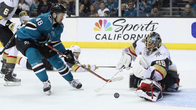 SAN JOSE, CA - MAY 06: Marc-Andre Fleury #29 of the Vegas Golden Knights makes a save on a shot taken by Tomas Hertl #48 of the San Jose Sharks during Game Six of the Western Conference Second Round during the 2018 NHL Stanley Cup Playoffs at SAP Center on May 6, 2018 in San Jose, California.