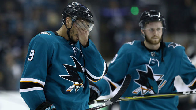 SAN JOSE, CA - MAY 06: Evander Kane #9 of the San Jose Sharks wipes his face after they lost to the Vegas Golden Knights Game Six of the Western Conference Second Round during the 2018 NHL Stanley Cup Playoffs at SAP Center on May 6, 2018 in San Jose, California.