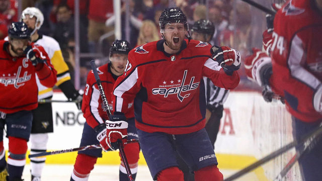 WASHINGTON, DC - MAY 05: Evgeny Kuznetsov #92 of the Washington Capitals celebrates his goal against the Pittsburgh Penguins during the third period in Game Five of the Eastern Conference Second Round during the 2018 NHL Stanley Cup Playoffs at Capital One Arena on May 5, 2018 in Washington, DC.