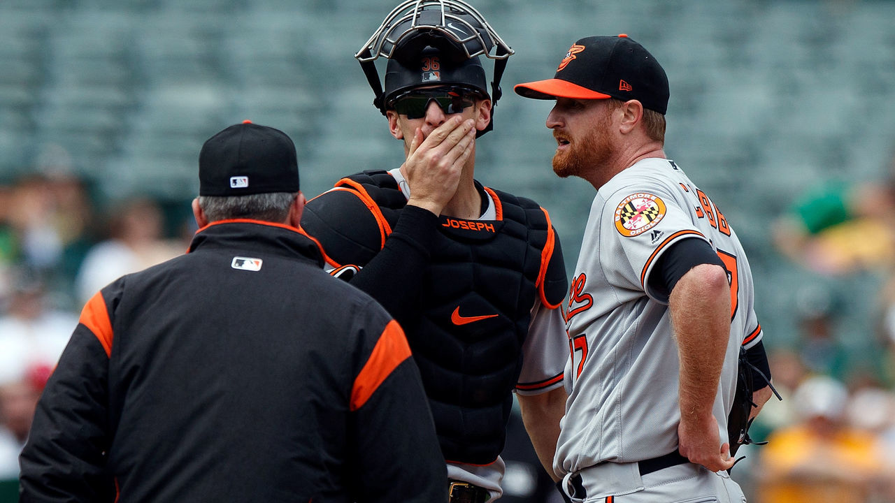 OAKLAND, CA - MAY 06: Alex Cobb #17 of the Baltimore Orioles talk to Caleb Joseph #36 and pitching coach Roger McDowell #40 during a mound visit in the sixth inning against the Oakland Athletics at the Oakland Coliseum on May 6, 2018 in Oakland, California. The Oakland Athletics defeated the Baltimore Orioles 2-1.