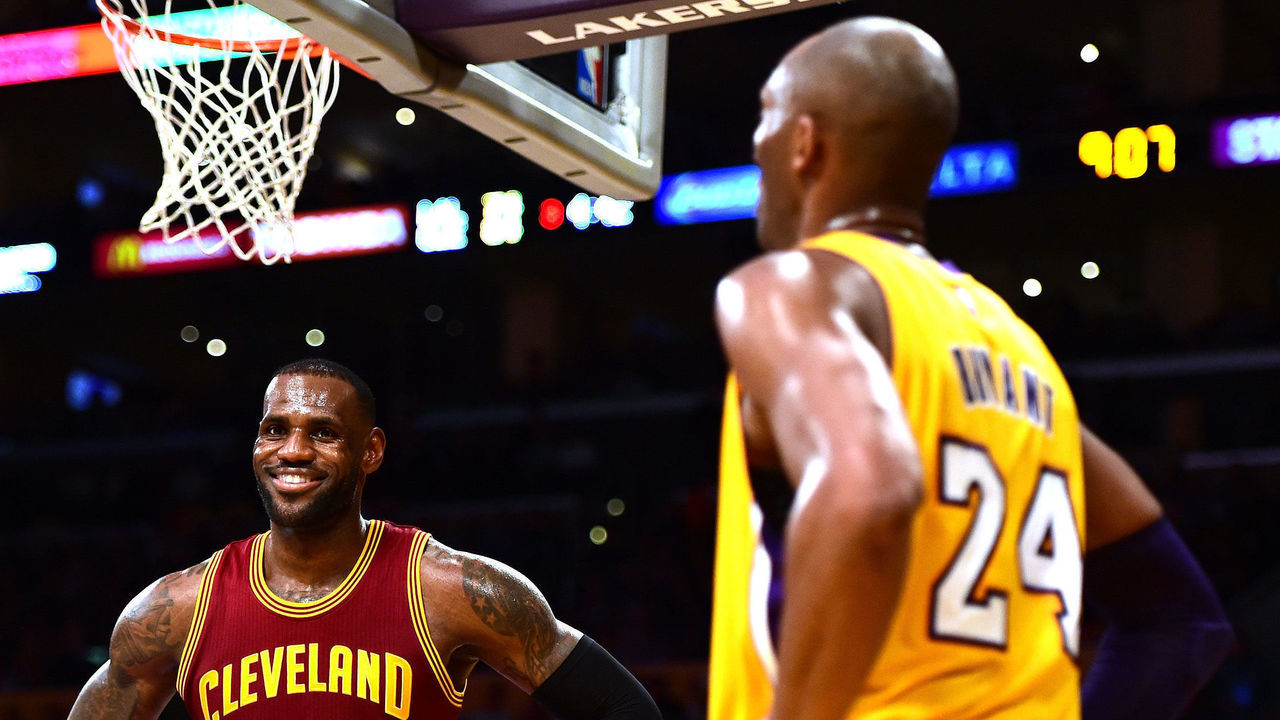 LOS ANGELES, CA - MARCH 10: LeBron James #23 of the Cleveland Cavaliers jokes with Kobe Bryant #24 of the Los Angeles Lakers during a 120-108 Cavaliers win at Staples Center on March 10, 2016 in Los Angeles, California. NOTE TO USER: User expressly acknowledges and agrees that, by downloading and or using this Photograph, user is consenting to the terms and condition of the Getty Images License Agreement.