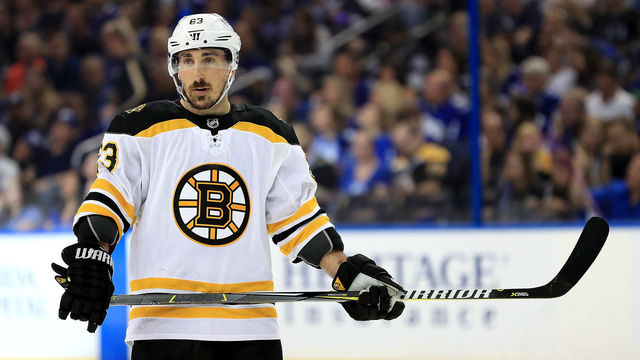 TAMPA, FL - MAY 06: Brad Marchand #63 of the Boston Bruins looks on during Game Five of the Eastern Conference Second Round against the Tampa Bay Lightning during the 2018 NHL Stanley Cup Playoffs at Amalie Arena on May 6, 2018 in Tampa, Florida.