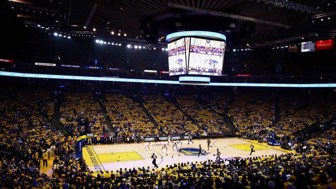 OAKLAND, CA - APRIL 24: A general view of the Golden State Warriors playing against the San Antonio Spurs during Game Five of Round One of the 2018 NBA Playoffs at ORACLE Arena on April 24, 2018 in Oakland, California.