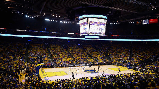 OAKLAND, CA - APRIL 24: A general view of the Golden State Warriors playing against the San Antonio Spurs during Game Five of Round One of the 2018 NBA Playoffs at ORACLE Arena on April 24, 2018 in Oakland, California.