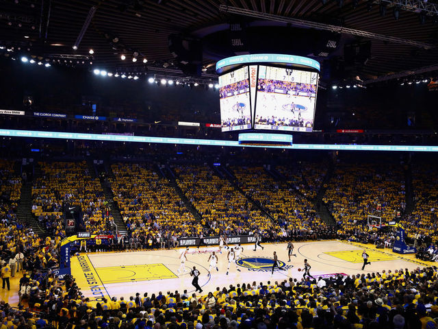 OAKLAND, CA - APRIL 24: A general view of the Golden State Warriors playing against the San Antonio Spurs during Game Five of Round One of the 2018 NBA Playoffs at ORACLE Arena on April 24, 2018 in Oakland, California.