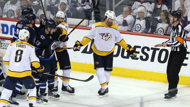 WINNIPEG, MANITOBA - MAY 3: Scott Hartnell #17 of the Nashville Predators appeals to a referee during action against the Winnipeg Jets in Game Four of the Western Conference Second Round during the 2018 NHL Stanley Cup Playoffs on May 3, 2018 at Bell MTS Place in Winnipeg, Manitoba, Canada. *** Local Caption *** Scott Hartnell