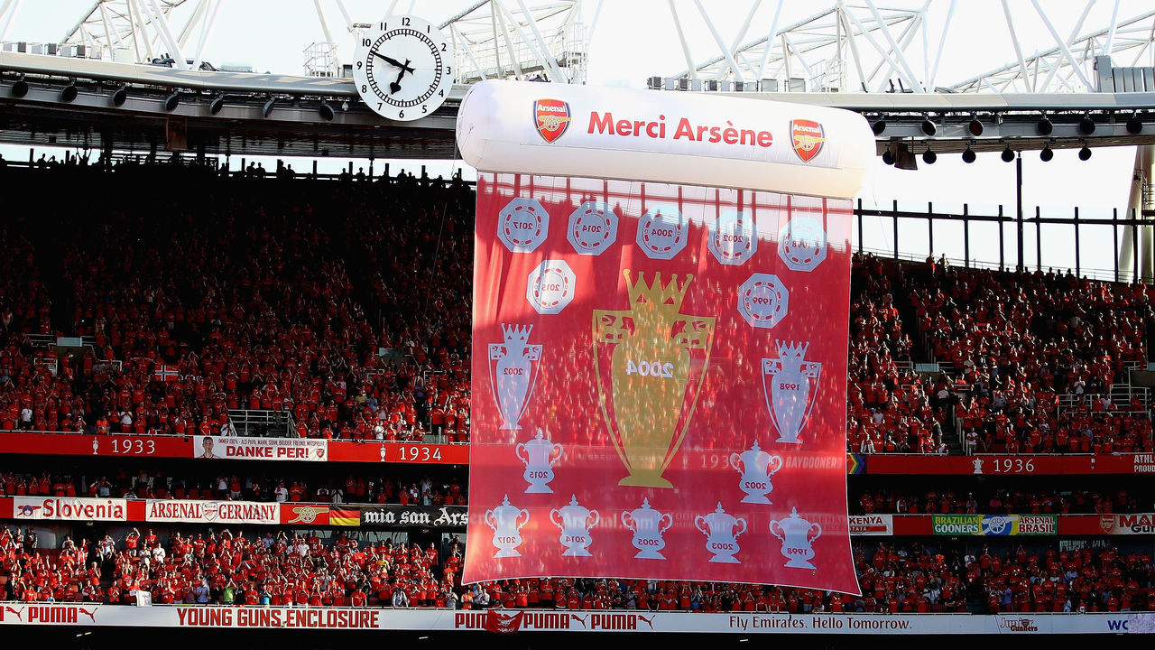 LONDON, ENGLAND - MAY 06: The Emirates Stadium bids farewell to Arsene Wenger after 22 years at the helm during the Premier League match between Arsenal and Burnley at Emirates Stadium on May 6, 2018 in London, England.