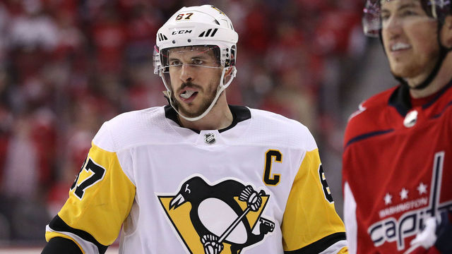 WASHINGTON, DC - MAY 05: Sidney Crosby #87 of the Pittsburgh Penguins looks on against the Washington Capitals during the third period in Game Five of the Eastern Conference Second Round during the 2018 NHL Stanley Cup Playoffs at Capital One Arena on May 5, 2018 in Washington, DC.