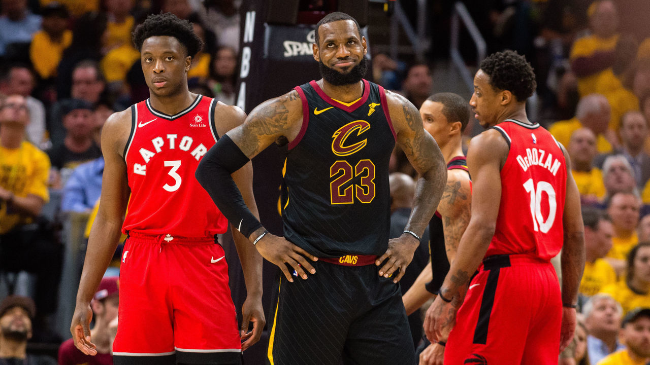 CLEVELAND, OH - MAY 7: LeBron James #23 of the Cleveland Cavaliers reacts to a call by officials as OG Anunoby #3 of the Toronto Raptors looks on during the first half of Game 4 of the second round of the Eastern Conference playoffs at Quicken Loans Arena on May 7, 2018 in Cleveland, Ohio.