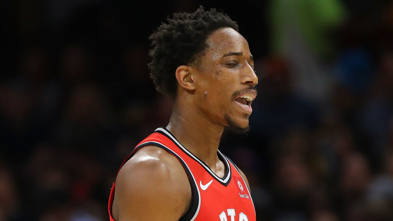 CLEVELAND, OH - MAY 05: DeMar DeRozan #10 of the Toronto Raptors reacts after picking up his second foul against the Cleveland Cavaliers during the first half of Game Three of the Eastern Conference Semifinals during the 2018 NBA Playoffs at Quicken Loans Arena on May 5, 2018 in Cleveland, Ohio.