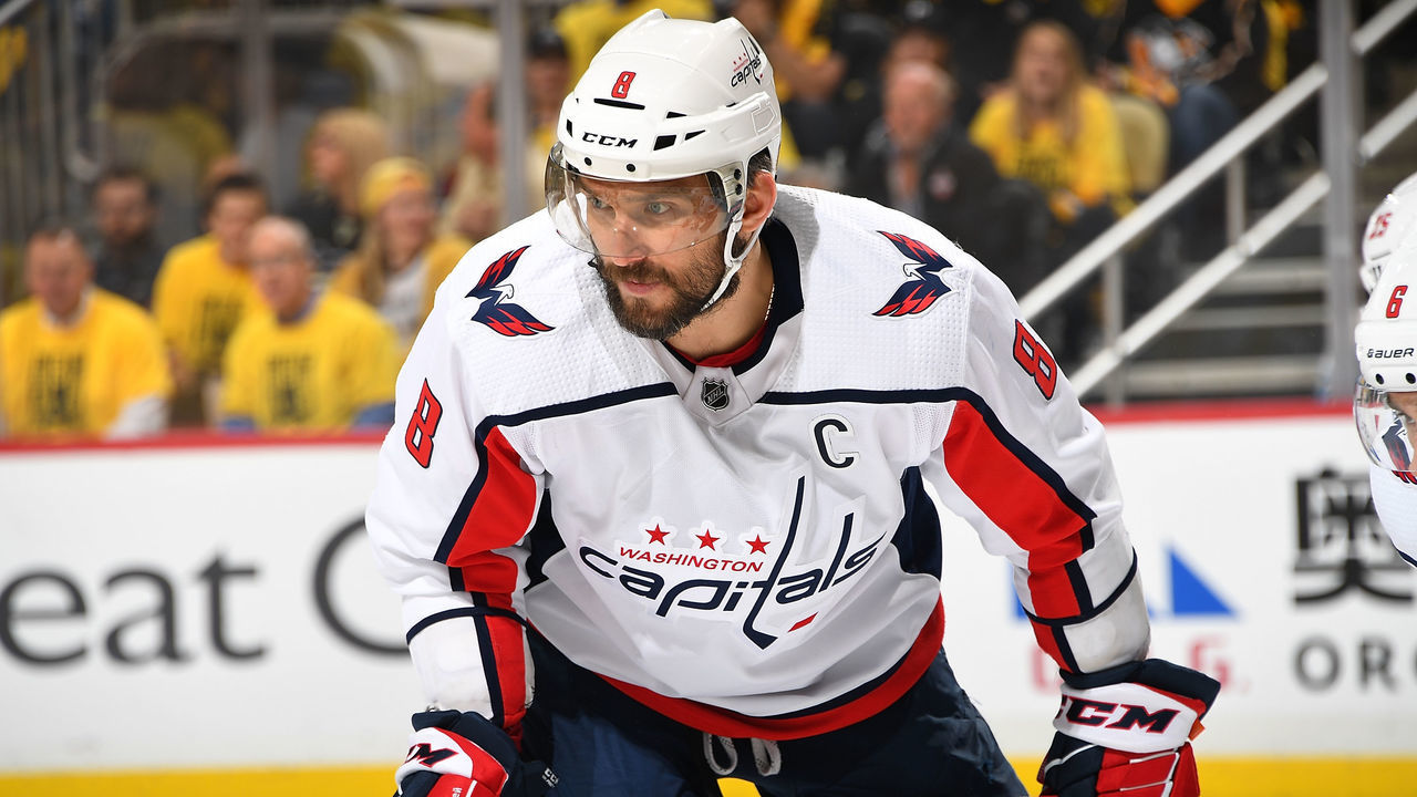 PITTSBURGH, PA - MAY 03: Alex Ovechkin #8 of the Washington Capitals skates against the Pittsburgh Penguins in Game Four of the Eastern Conference Second Round during the 2018 NHL Stanley Cup Playoffs at PPG Paints Arena on May 3, 2018 in Pittsburgh, Pennsylvania. *** Local Caption ***