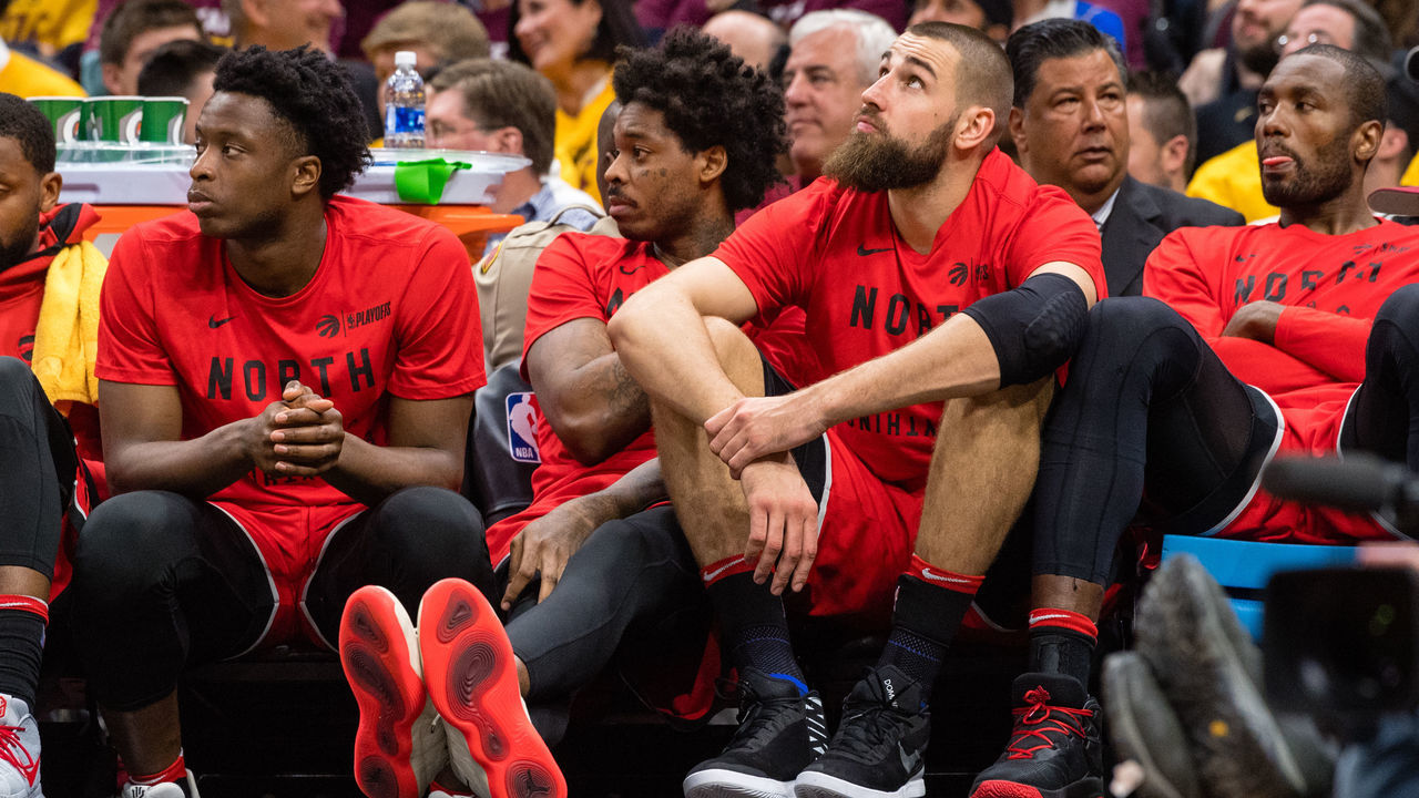 CLEVELAND, OH - MAY 7: The Toronto Raptors bench watches during the second half of Game 4 of the second round of the Eastern Conference playoffs against the Cleveland Cavaliers at Quicken Loans Arena on May 7, 2018 in Cleveland, Ohio. The Cavaliers defeated the Raptors 128-93.