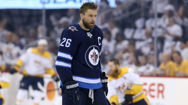 WINNIPEG, MANITOBA - MAY 3: Blake Wheeler #26 of the Winnipeg Jets warms up prior to Game Four of the Western Conference Second Round during the 2018 NHL Stanley Cup Playoffs against the Nashville Predators on May 3, 2018 at Bell MTS Place in Winnipeg, Manitoba, Canada.