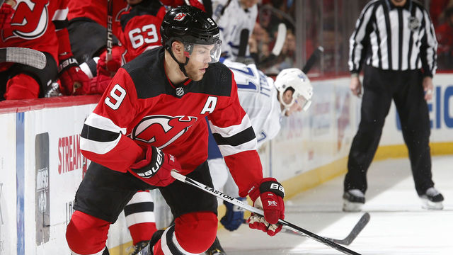 NEWARK, NJ - MARCH 24: Taylor Hall #9 of the New Jersey Devils in action against the Tampa Bay Lightning during the second period at the Prudential Center on March 24, 2018 in Newark, New Jersey.