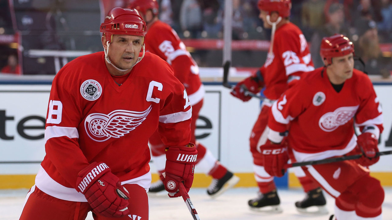 DENVER, CO - FEBRUARY 26: Steve Yzerman #19 and the Detroit Red Wings take the ice to face the Colorado Avalanche during the 2016 Coors Light Stadium Series Alumni Game at Coors Field on February 26, 2016 in Denver, Colorado. The Avalanche defeated the Red Wings 5-2.