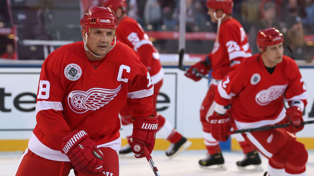 DENVER, CO - FEBRUARY 26: Steve Yzerman #19 and the Detroit Red Wings take the ice to face the Colorado Avalanche during the 2016 Coors Light Stadium Series Alumni Game at Coors Field on February 26, 2016 in Denver, Colorado. The Avalanche defeated the Red Wings 5-2.