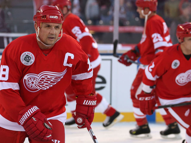 DENVER, CO - FEBRUARY 26: Steve Yzerman #19 and the Detroit Red Wings take the ice to face the Colorado Avalanche during the 2016 Coors Light Stadium Series Alumni Game at Coors Field on February 26, 2016 in Denver, Colorado. The Avalanche defeated the Red Wings 5-2.