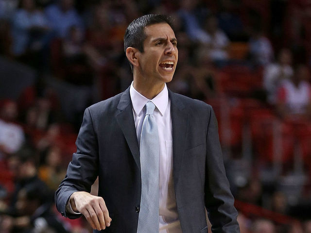 MIAMI, FL - APRIL 13: Head coach James Borrego of the Orlando Magic looks on during a game against the Miami Heat at American Airlines Arena on April 13, 2015 in Miami, Florida. NOTE TO USER: User expressly acknowledges and agrees that, by downloading and/or using this photograph, user is consenting to the terms and conditions of the Getty Images License Agreement. Mandatory copyright notice:
