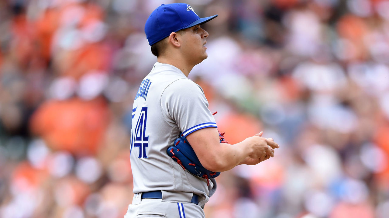 BALTIMORE, MD - SEPTEMBER 03: Roberto Osuna #54 of the Toronto Blue Jays looks on after giving up a home to Welington Castillo #29 of the Baltimore Orioles in the ninth inning to tie the game during a baseball game at Oriole Park at Camden Yards on September 3, 2017 in Baltimore, Maryland.