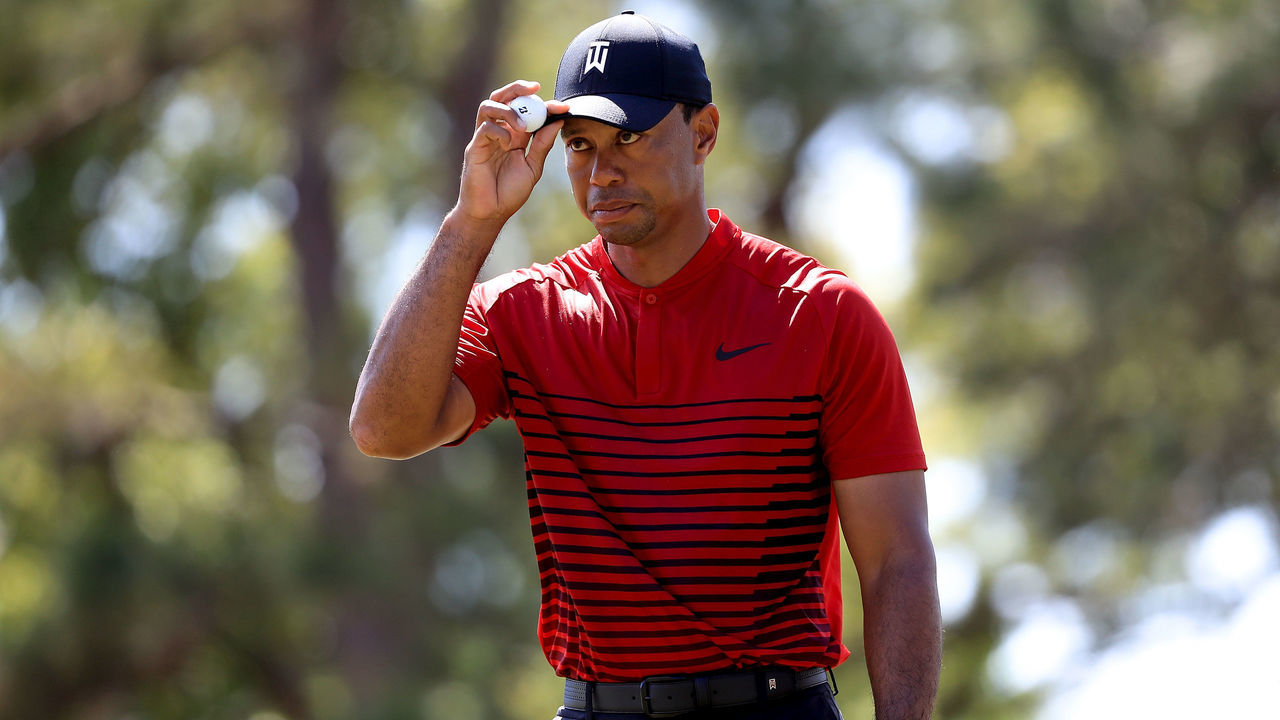 PALM HARBOR, FL - MARCH 11: Tiger Woods reacts after a putt on the sixth hole during the final round of the Valspar Championship at Innisbrook Resort Copperhead Course on March 11, 2018 in Palm Harbor, Florida.