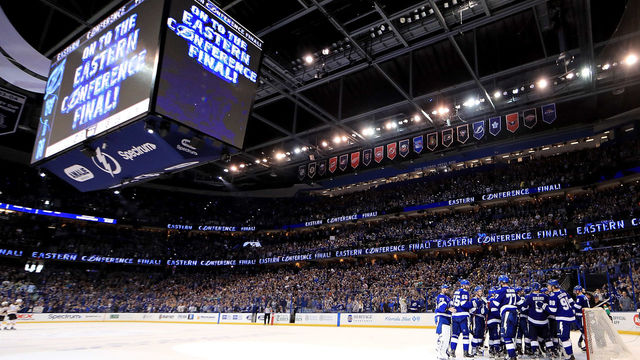 TAMPA, FL - MAY 06: The Tampa Bay Lightning celebrate winning Game Five of the Eastern Conference Second Round against the Boston Bruins during the 2018 NHL Stanley Cup Playoffs at Amalie Arena on May 6, 2018 in Tampa, Florida.