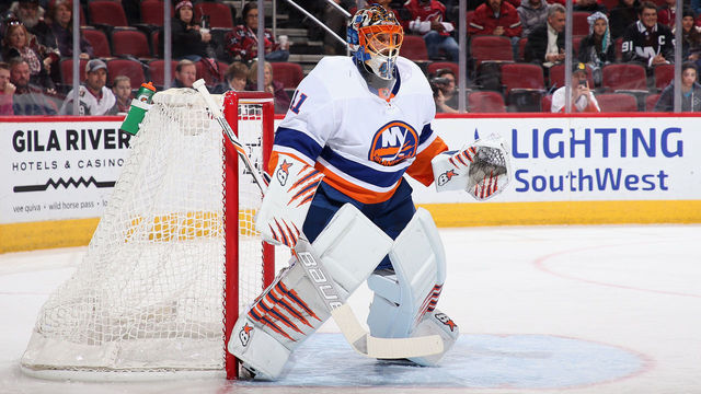 GLENDALE, AZ - JANUARY 22: Goaltender Jaroslav Halak #41 of the New York Islanders in action during the NHL game against the Arizona Coyotes at Gila River Arena on January 22, 2018 in Glendale, Arizona. The Coyotes defeated the Islanders 3-2 in overtime.